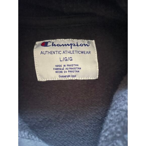 Champion Black Unisex Sweatshirt Hoodie Size Large Retro Comfy Blue Logo - Picture 7 of 7